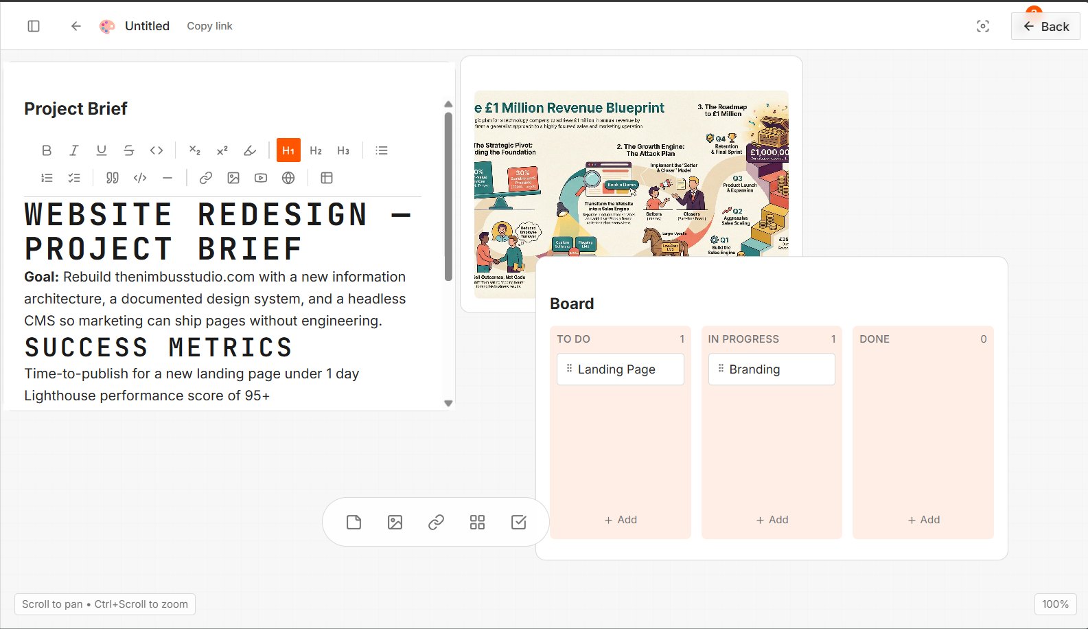 Tenon infinite canvas with a page, an image and a board