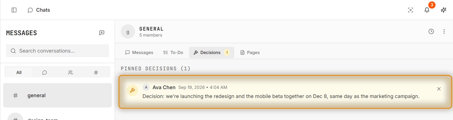 Pinned decision card in a channel
