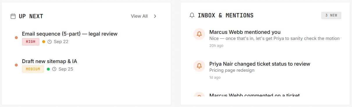 Home screen with Up Next tasks and inbox mentions