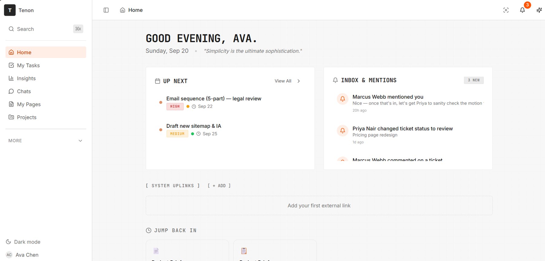 Tenon home screen showing Up Next tasks, inbox and mentions, and recently opened pages