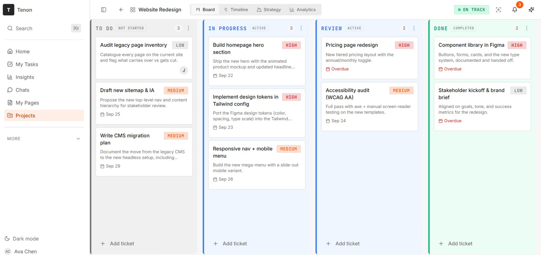Tenon kanban board with the full app sidebar