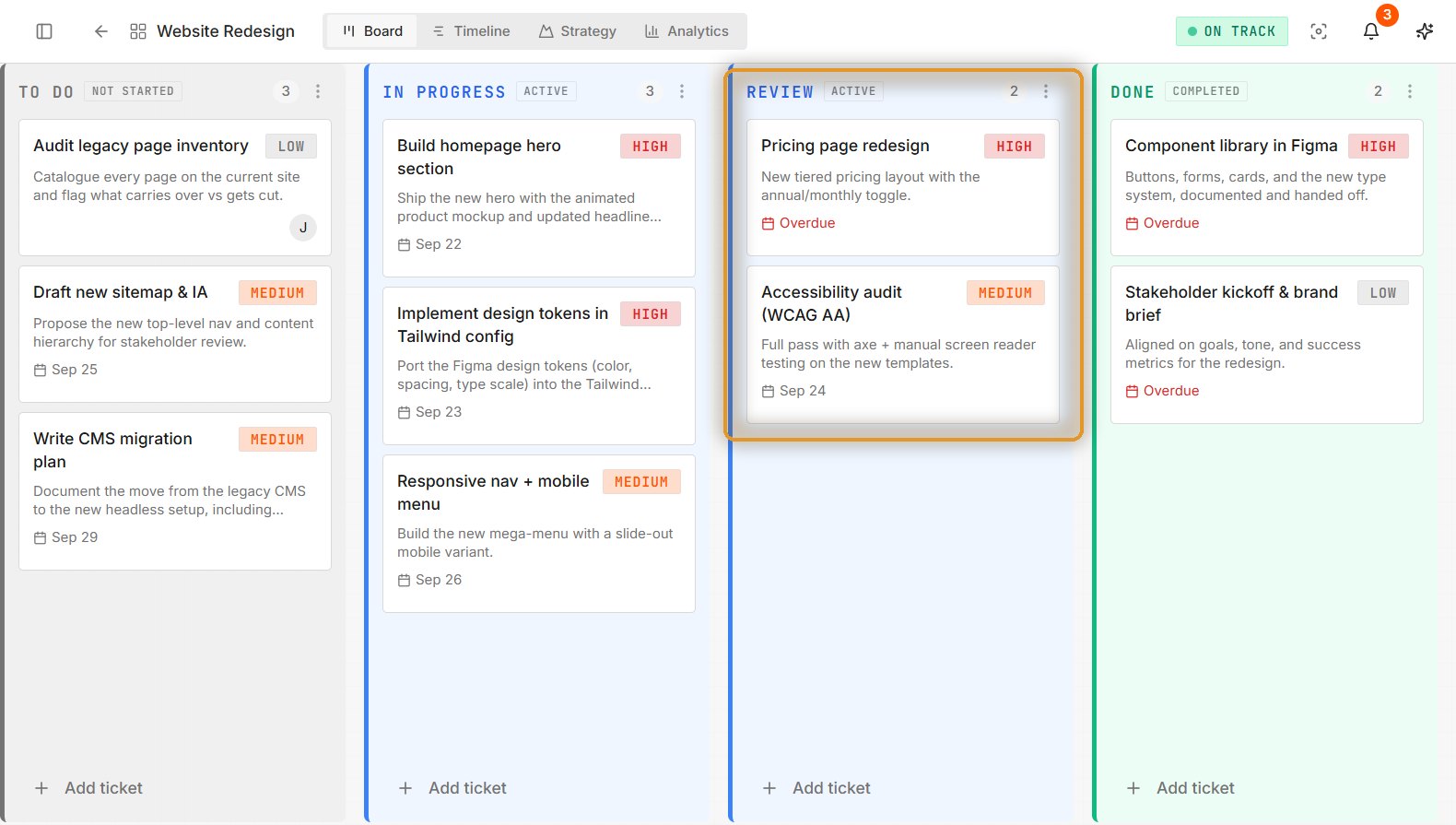 Kanban board with the Client review column highlighted