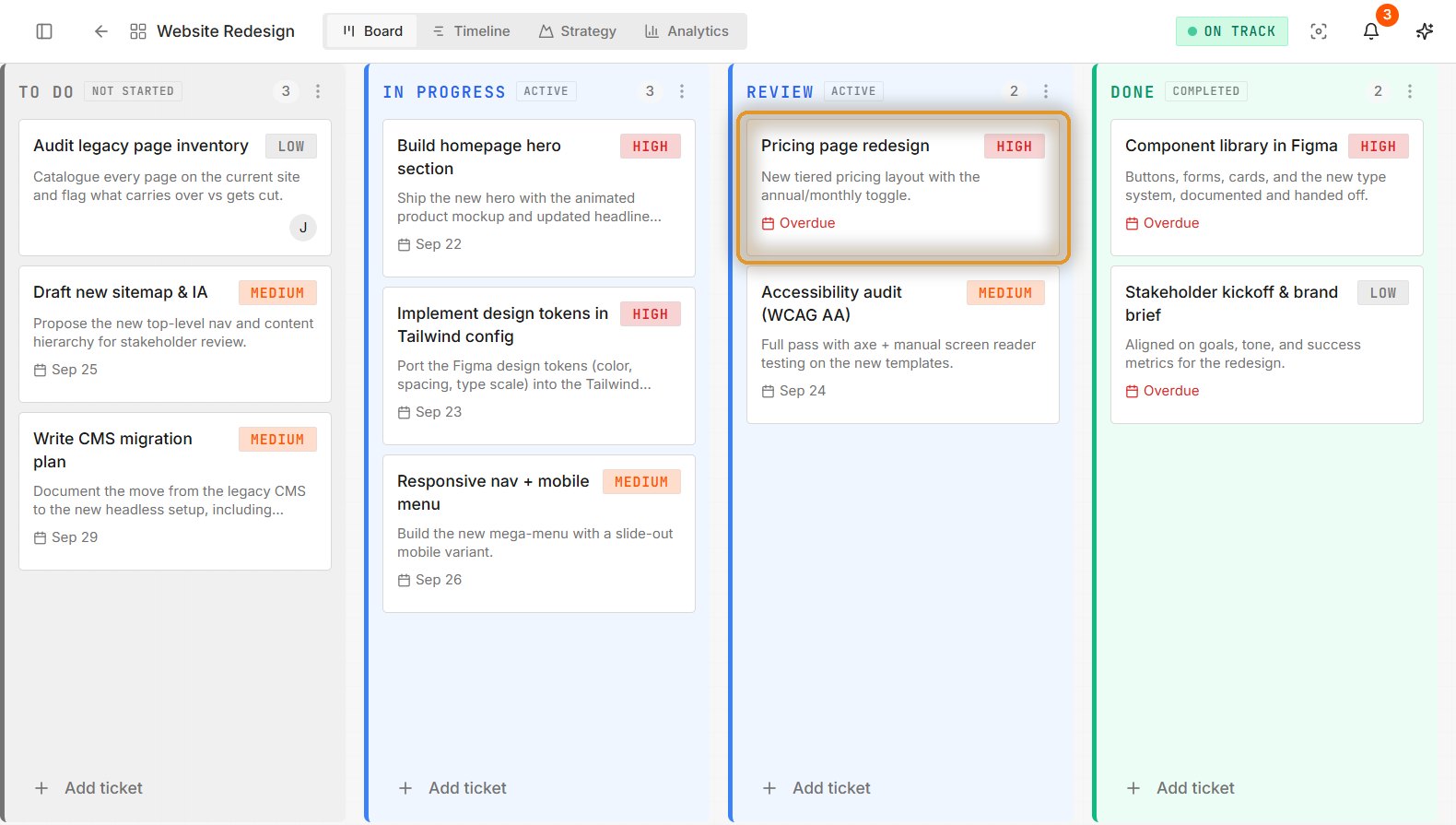 Tenon kanban board for a website redesign with To do, In progress, Review and Done columns; an overdue high-priority ticket is highlighted