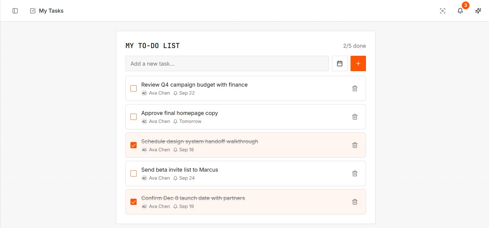 Tenon My Tasks: a personal to-do list with due dates and completed items struck through