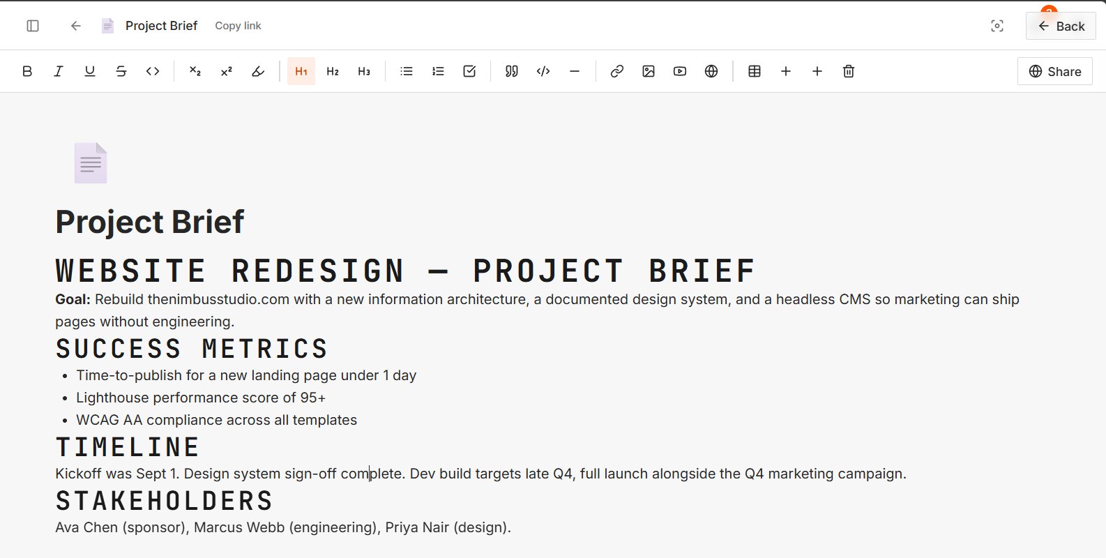 Tenon page editor: a Project Brief with formatting toolbar, headings, goal, success metrics, timeline and stakeholders