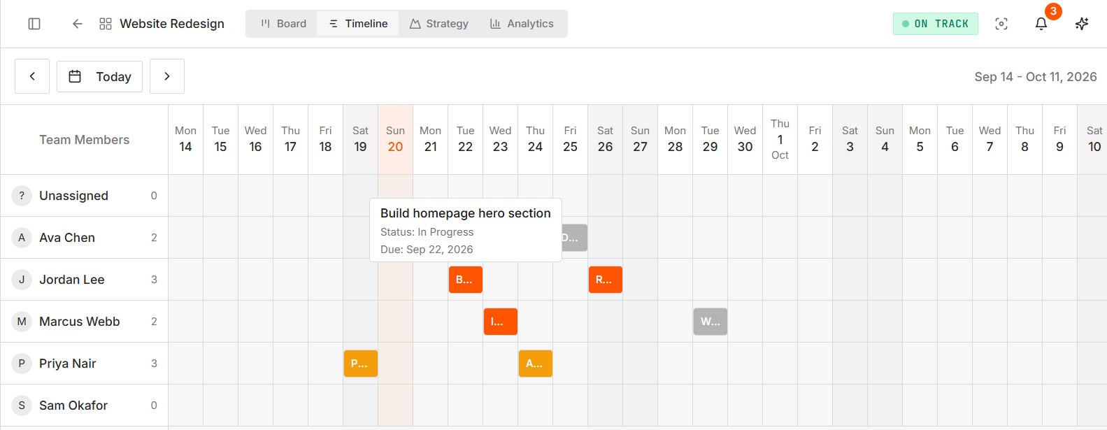 Tenon timeline view with team members as rows and tickets scheduled across days